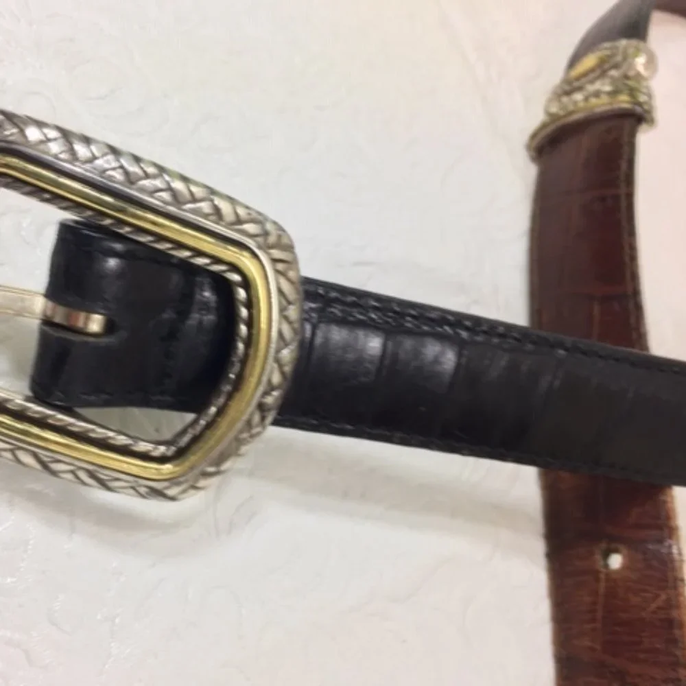 Brighton Brown Black Reversible Two-Toned Leather Croco-Look Belt Small